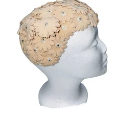Vintage 50s Crown Beige Hat Floral Pearls Wedding Dance Costume Theatre