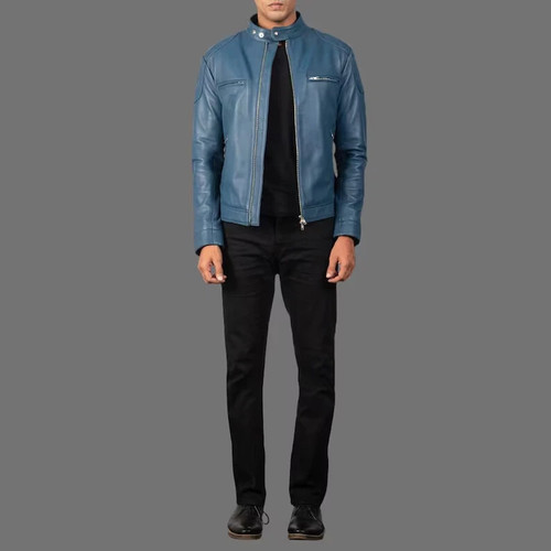 Stylish Blue Leather Handmade Genuine Lambskin Men's Formal Motorcycle Jacket - Picture 3 of 7