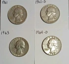 Lot of 4 90% Silver Washington Quarters (1961)(1962-D)(1963)(1964-D) Junk Silver