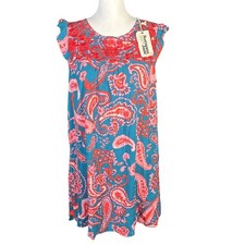 Savanna Jane Dress NWT Womens M Teal Pink Paisley Embroidered Flutter Sleeve