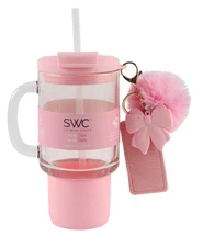 Cook With Color (SWC) Pink Bow 24oz Glass Cup with Lid Straw key chain