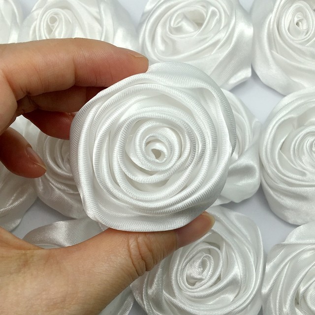 24pc White 50mm Satin Ribbon Rose Flowers DIY Wedding Bridal Bouquet 2