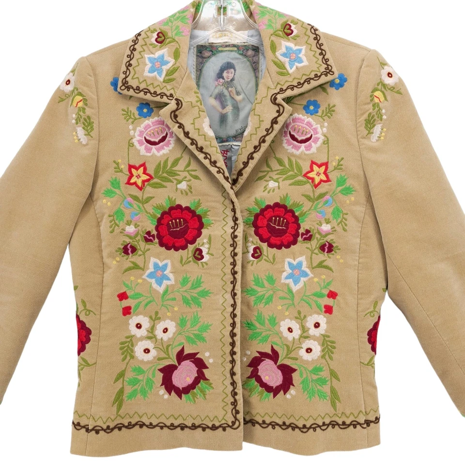 Chaqueta Blazer Johnny Was Biya Beige Bordada Usada en Excelente Condición Talla PEQUEÑA Foto 2 de 4