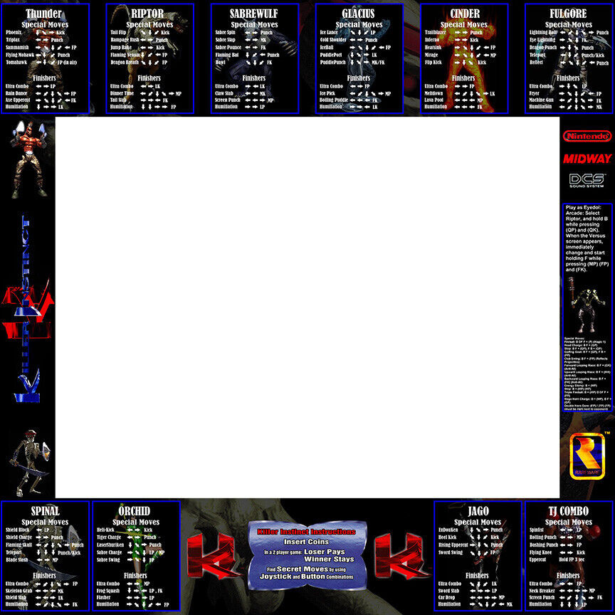 Mortal Kombat 2 Arcade Moves List Bezel Panel Artwork Art CPO Midway MK2  Midway