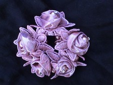 GLITTERY RHINESTONED PINK FLORAL SCRUNCHIE w/DETAILED BEADS - PRETTY IN LIGHT