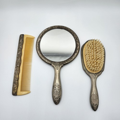 Vtg Silver Plated Vanity Set Hand Mirror, Hair Brush and Comb Heavy - Picture 5 of 9