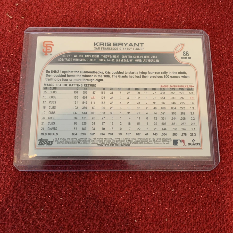  2022 Topps Series 1 #86 Kris Bryant SP Photo Variation San Francisco Giants 560 - Image 2 of 2