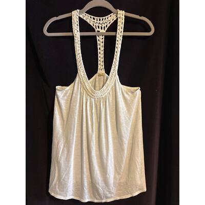 Women s M white T back tank top, crochet straps / accents Maxstudio Festival