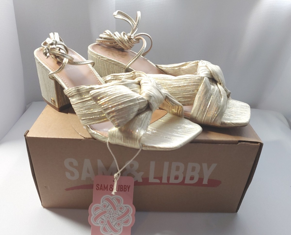 SAM LIBBY KLARA ANKLE WRAP GOLDLEAF BOW SANDAL SHOES Sz