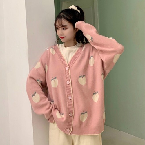Women Fruit Jacquard Knitted Cardigan 