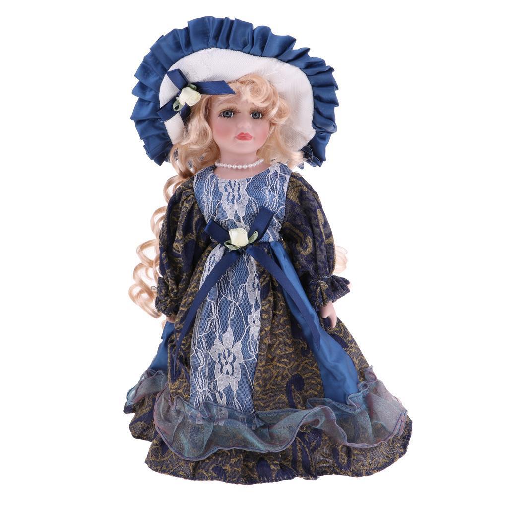 Porzellanpuppe 30cm Im Blauen Kleid - Elegante Keramikpuppe Mit Ständer Für Die Vitrine