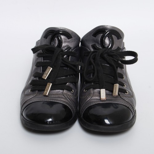 CHANEL Ankle Boots Gray Leather Lace Up High Top Sneakers Booties Sz EU 38 US 7 - Picture 2 of 12