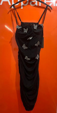 🔥Pretty Little Thing Black Butterfly Embroidered Bodycon Dress, Size 14,B17
