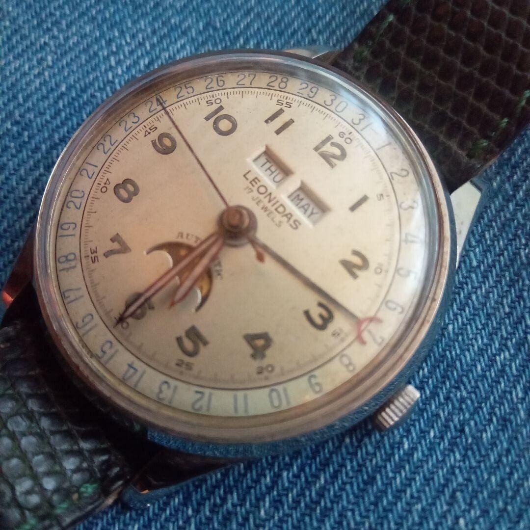 Leonidas Moon Phase Triple Calendar Antique Watch Vintage Tag