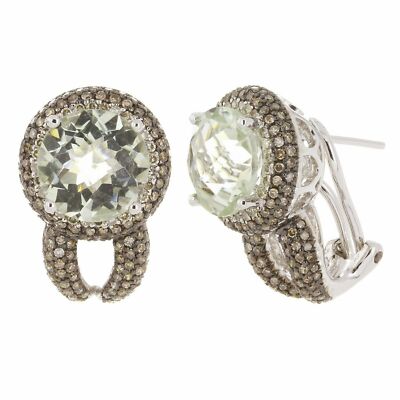 Luxus-Ohrringe 14 Karat Weißgold 0,62 kt grüner Amethyst, brauner & weißer Diamant
