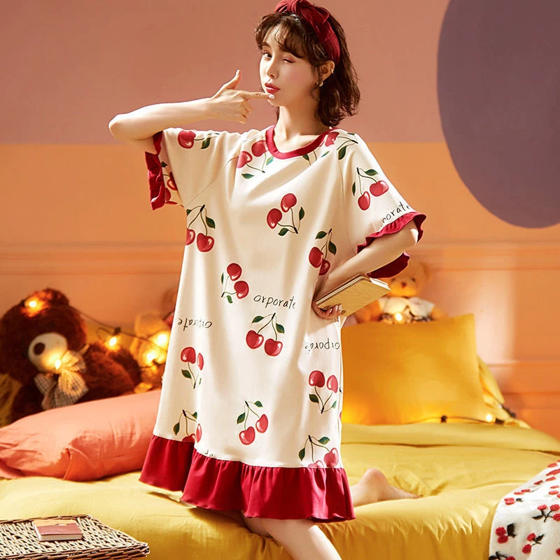Women Sleep Shirt Dress Cotton Short Sleeve Nightgown Cartoon Sleepwear Homewear