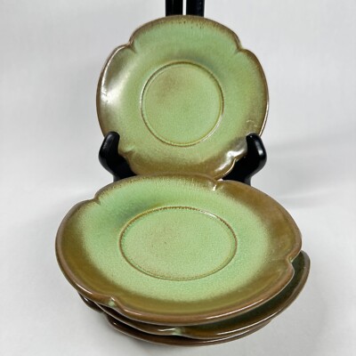 Vintage Frankoma Pottery Plainsman Green Scalloped 5-3/4  Saucers Set of 4