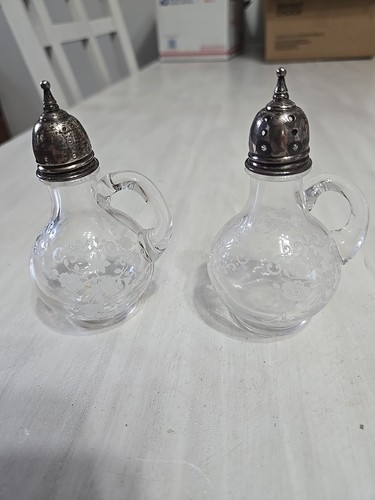 Cambridge Chantilly Etched Salt & Pepper Shakers Sterling Tops & Sugar Bowl - Picture 2 of 9