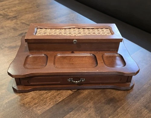 Vintage Men's Wooden MCM Valet Tray Jewelry Cane Rattan