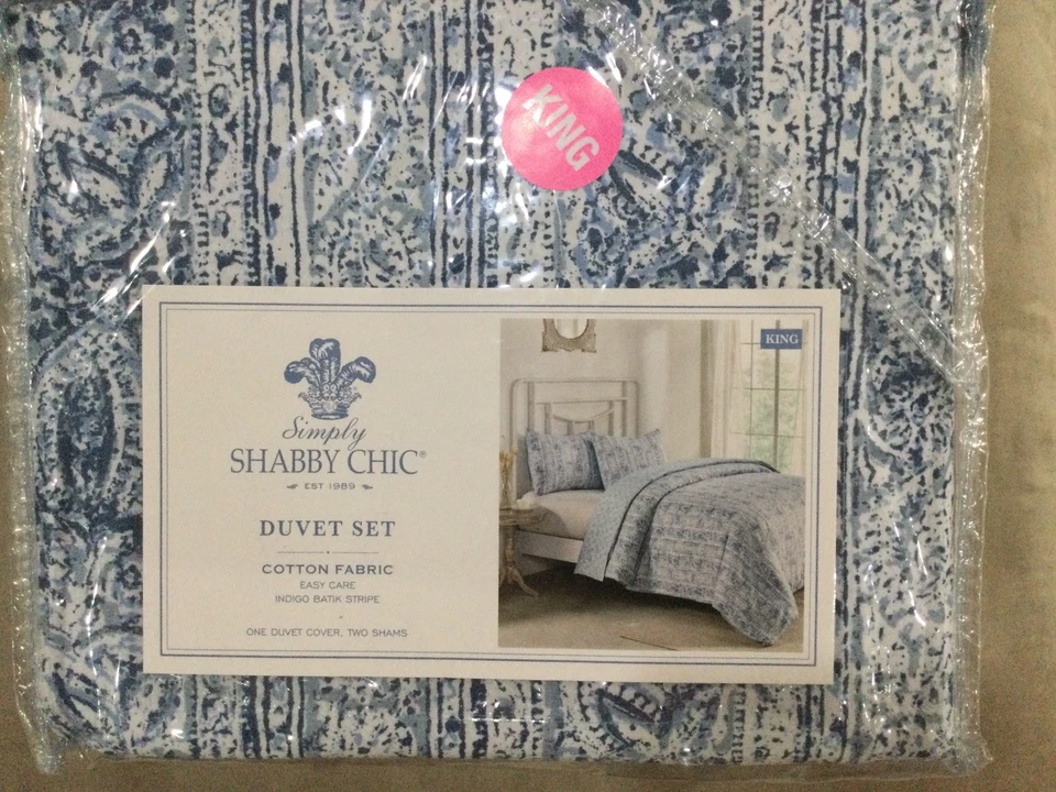 Simply Shabby Chic Duvet 3 Piece Set Size King Easy Care Indigo Batic Stripe - Image 3 of 4