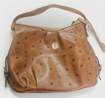 MCM Brown Visetos Logo Shoulder Bag Purse Gold Hardware Zip Pre-loved