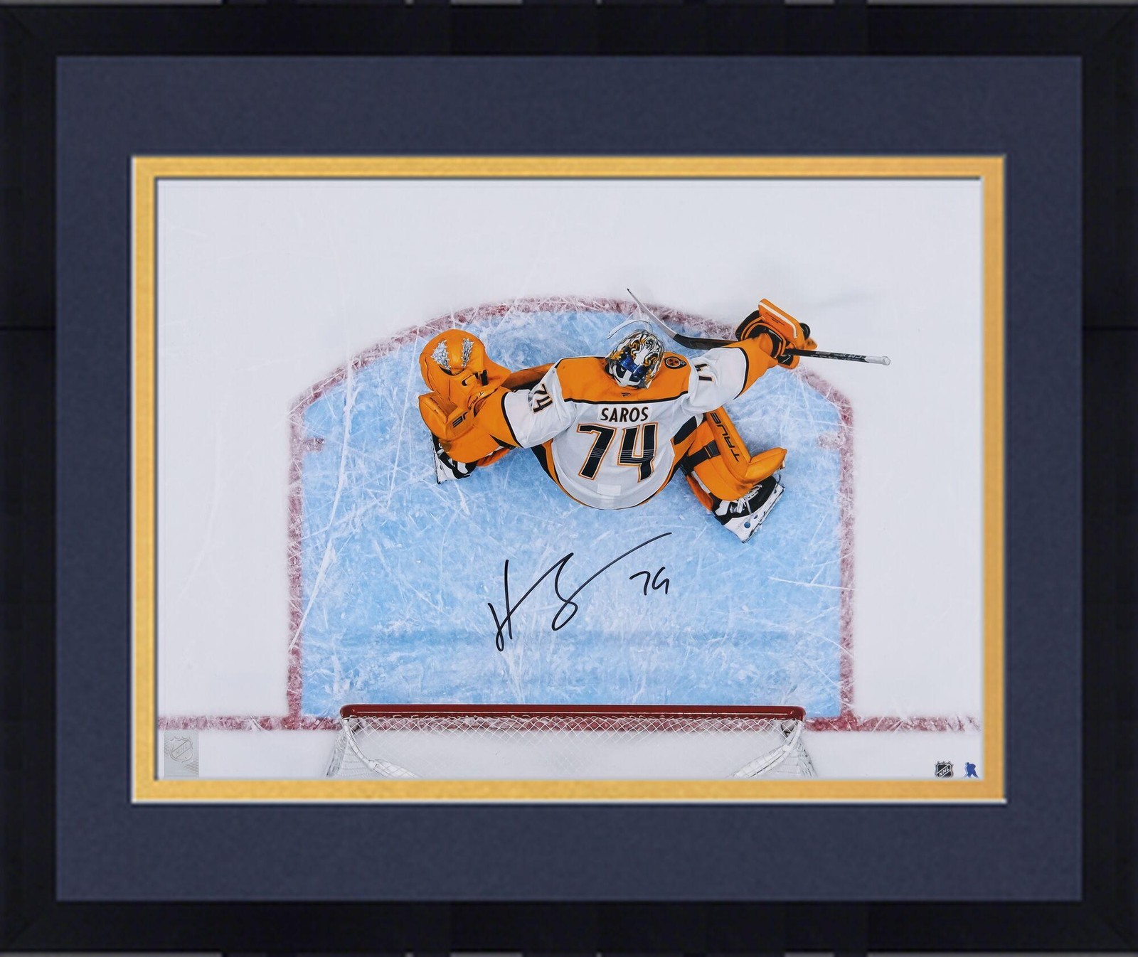 Juuse Saros Autographed Signed Nashville Predators Framed Predators 16x20 Overhead Making Save Photo 