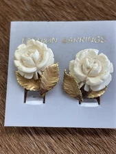 Vintage  Carved  shell Rose Clip On Earrings 12kt gold filled
