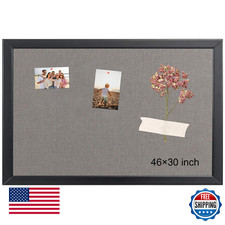 Large 46x30" Grey Fabric Cork Bulletin Board with Pine Wood Frame, Wall Mount