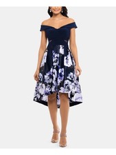 XSCAPE Womens Navy Floral Cap Sleeve Midi Hi-Lo Formal Dress Size: 6
