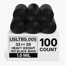 TP Plastic 32-33 Gallon Heavy Duty Black Trash Bags, 100 Garbage Can Liners Bulk