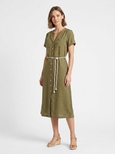 Talbots 4 Olive Green 100% Linen Fit Flare Shirtdress Rope Belt Lagenlook Earthy