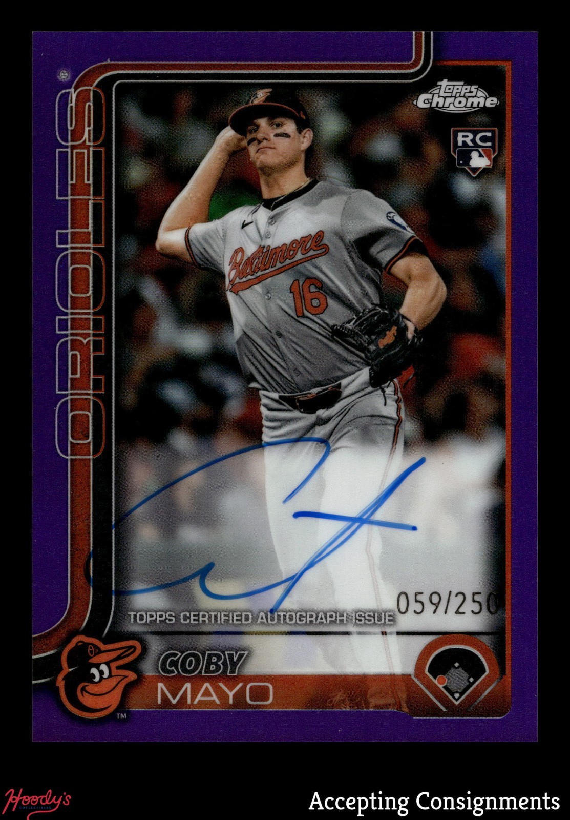 2025 Topps Chrome Purple Refractor Coby Mayo RC ROOKIE ON CARD AUTO 059/250