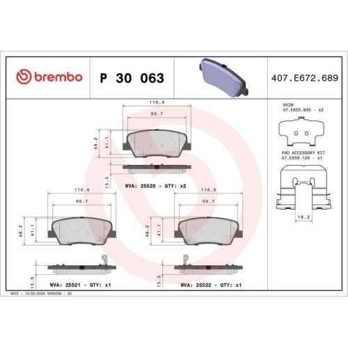 Plaquettes de frein Brembo P30063 anti-sifflement pour système de disque Hyundai