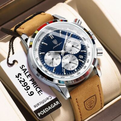 Waterproof Chronograph Luminous Men's Wristwatch Leather Men Quartz Watches 