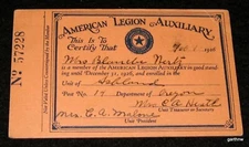 AMERICAN LEGION AUXILIARY 1926 MEMBERSHIP CARD ASHLAND OREGON with PREAMBLE