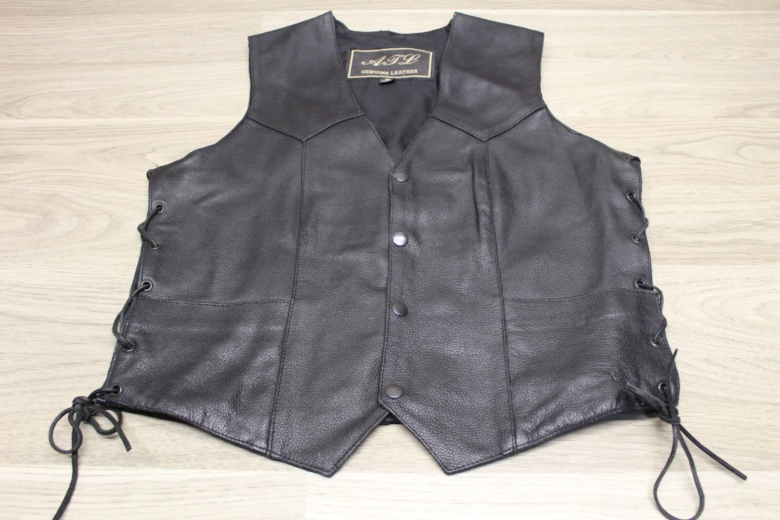 ATL Black Leather Vest Men's Size Medium Genuine Snap Up Biker Vest