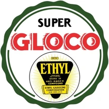 SUPER GLOCO Gasoline with Ethyl NEW Sign: 40" Dia. Diecut USA STEEL XXL Size