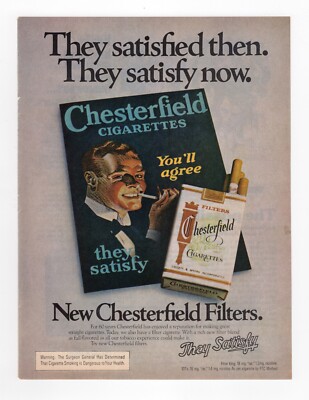 vintage 1970s magazine ad CHESTERFIELD filter cigarettes They Satisfy  mancave