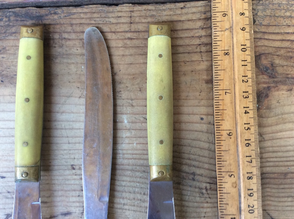 Three Takahashi Steak Knives 5 Brass Pins Green Handle Bone Or