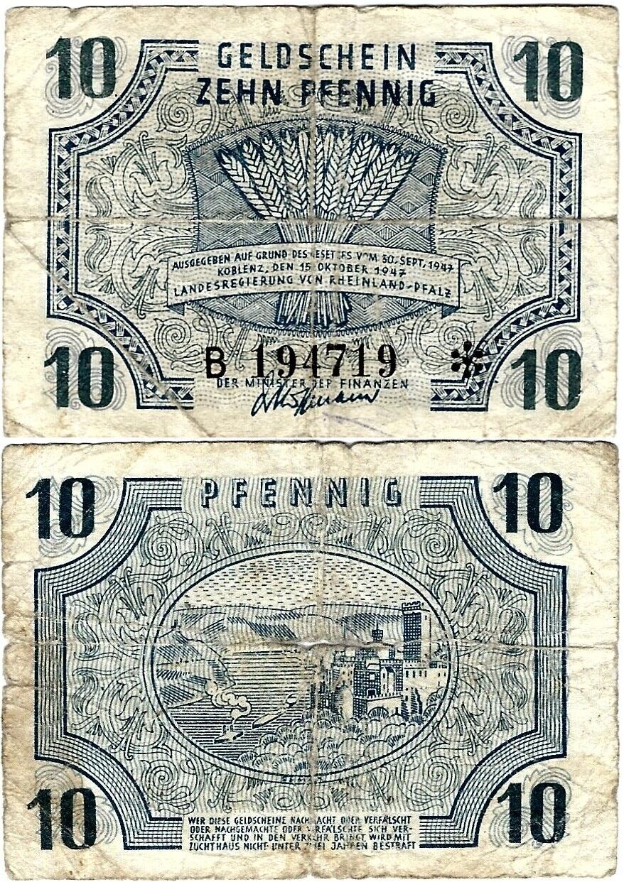 10 fenigów 1947 Nadrenia-Palatynat Rząd kraju związkowego FBZ-5 Ro.212 P-S1005 BARDZO RZADKO