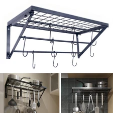 Black Metal Rectangular Wall Mounted Kitchen Pot Rack with 10 Hanging Hooks