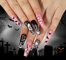 Halloween Scream Press-On Nails   Pink  Black Coffin Shape with Hearts, Bats