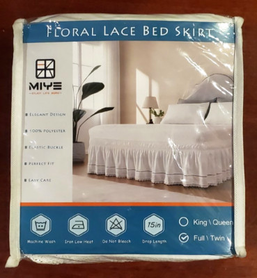 MIYE Ruffled WHITE FLORAL ACE Lace BED SKIRT Dust Ruffle FULL/TWIN 15'' Drop