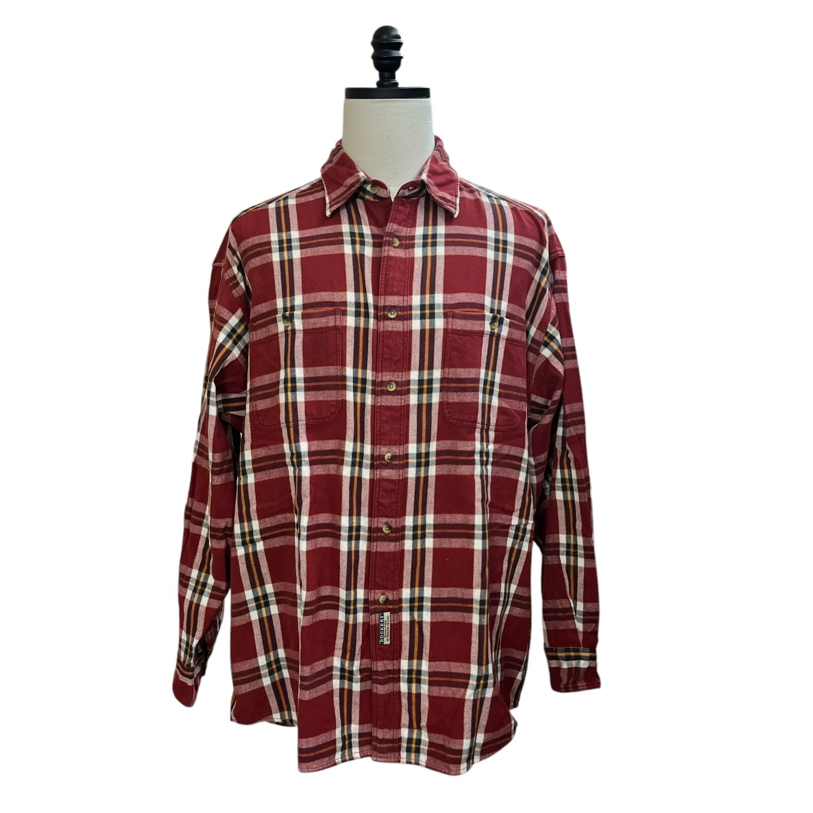 Dockers Flannel Shirt Mens XL Red Plaid Tartan Chest Pockets Button Down