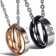 Stainless Steel Love Heart Cross w CZ Interlocking Rings Pendant Necklace Lovers