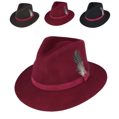 Klassischer Wollhut mit breiter Krempe Fedora und Federnadel knautschbar verstaubar Filz