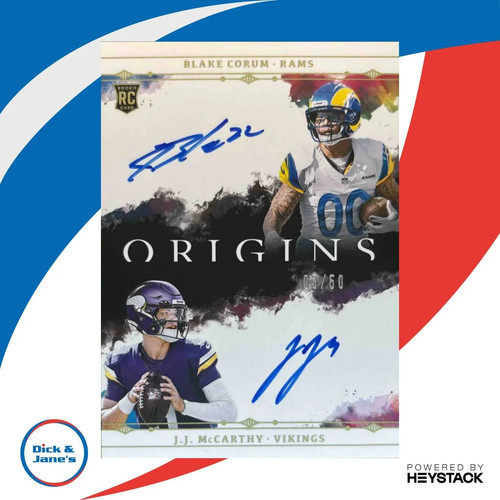 Blake Corum / J.J. McCarthy #DA-2 2024 Panini Origins Dual Rookie Autograph card