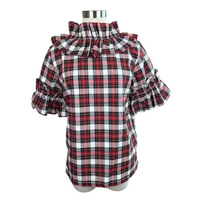 Elizabeth Wilson Designs Katherine Top Red Tartan Plaid Ruffle Collar L