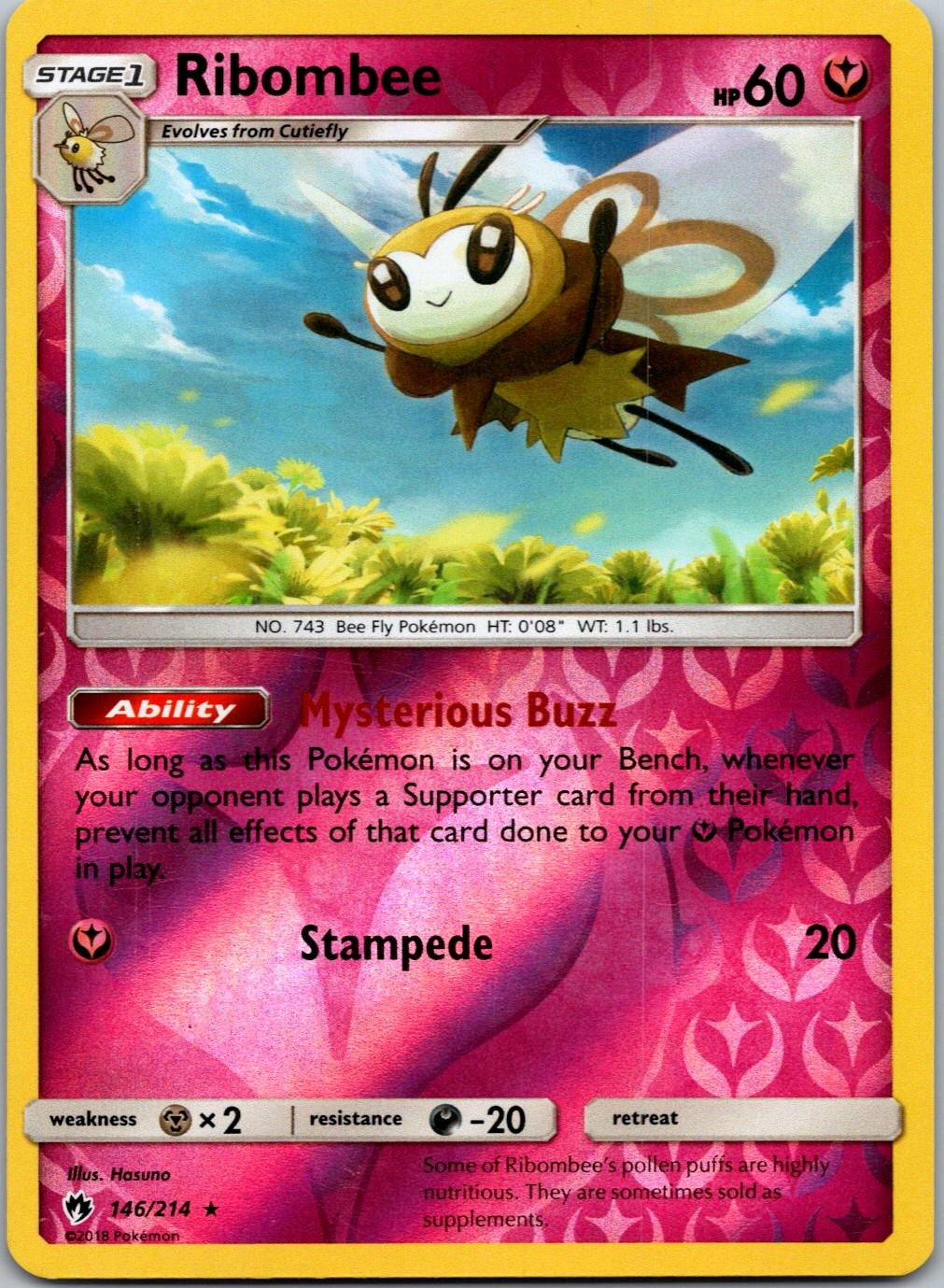Rare Near Mint Ribombee 146/214 Lost Thunder Pokemon Reverse Holo
