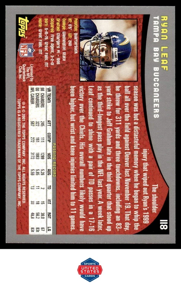2001 Topps #118 Ryan Leaf - Image 2 of 2